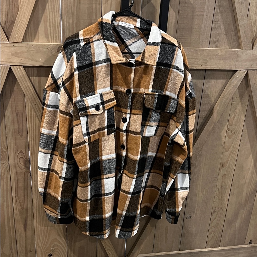 Plaid Button-Up shacket - Brown, Black, White